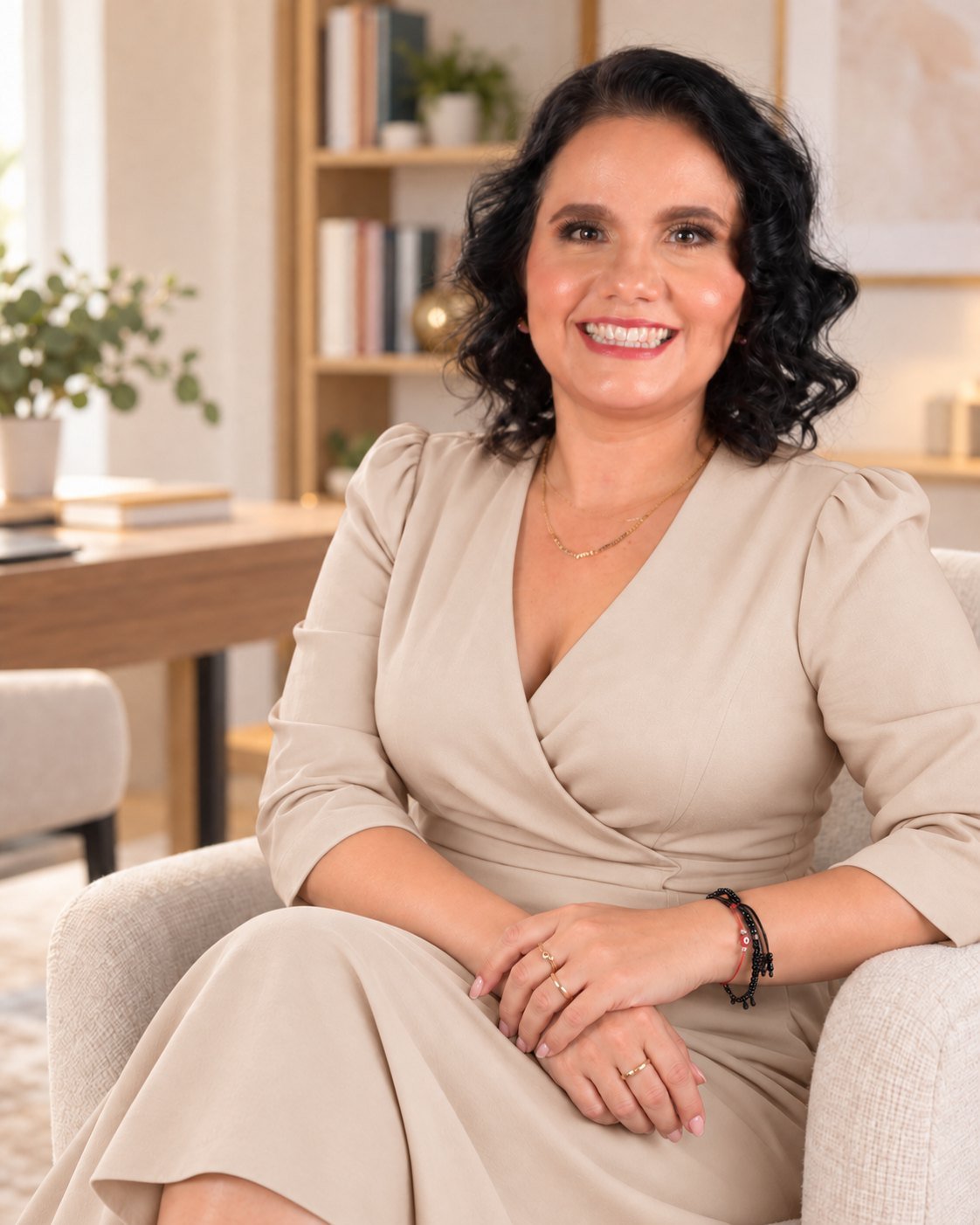 Miriam Rivera sentada en un sillón, sonriendo